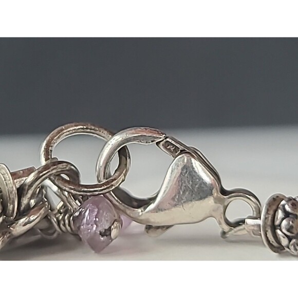 925 Sterling Silver Pearl & Garnet Beaded Bracelet With Heart & Amethyst Charms - Picture 4 of 10